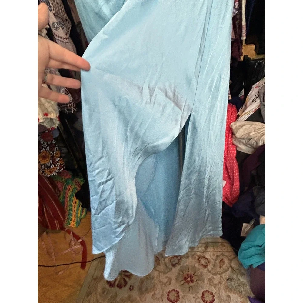 Abercrombie & Fitch One Shoulder Satin Knot Maxi Dress Light Blue XLT New